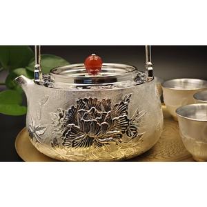 럭셔리 작약 디자인 실버 티 세트 손으로 새긴 꽃무늬 6피스 티 세트 중국식 찻주전자 세트 트레이 포함 - Product Image 2