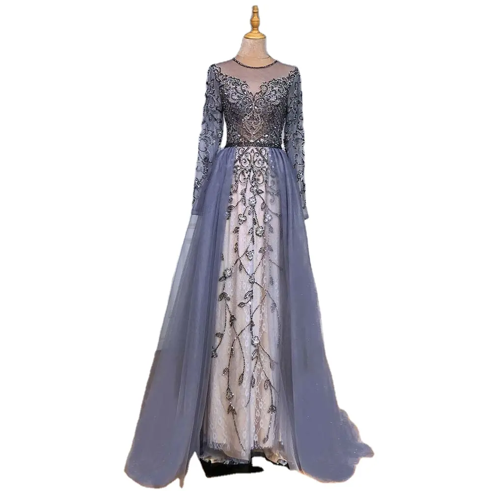 Grey Nude Long Sleeve Full Length Evening Gown Serene Hill LA60960L Over Skirt Formal Party Dresses For Women