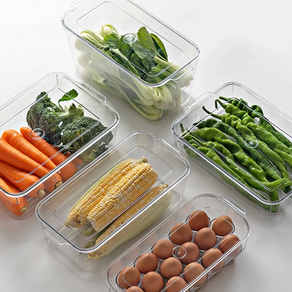 High quality kitchen plastic clear vegetable organizers with lid PET transparent refrigerator storage box