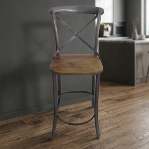 Tabouret de bar robuste de style industriel et vintage avec structure en fer et assise en bois, style antique pour bar à domicile et usage commercial - Product Image 3