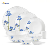 Service de table en verre opale 34 pièces, motifs floraux variés, bord festonné, assiettes, bols, cuillères, pots, ensemble de table domestique