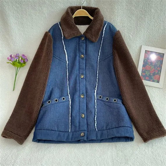 Winter New Lace Patchwork Denim Composite Wool Long Sleeved Loose Casual Women Coat
