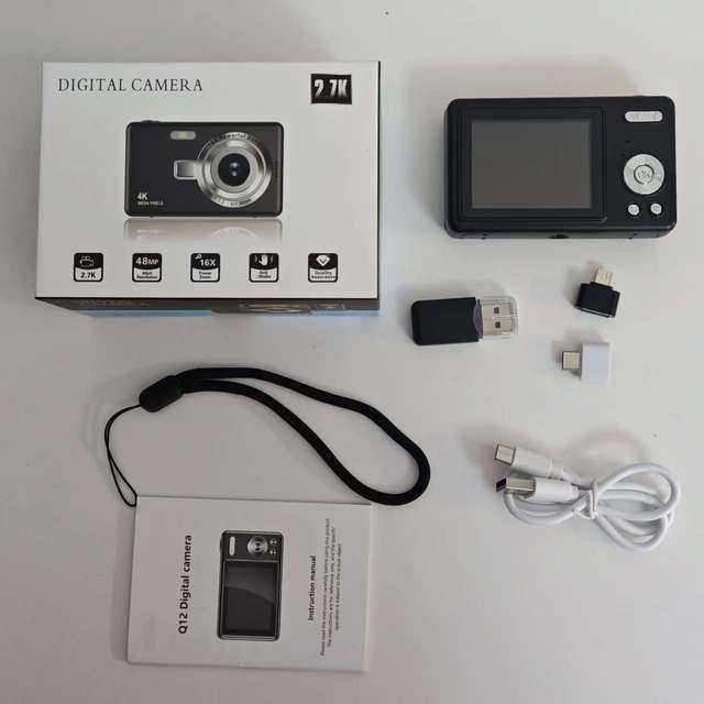 Q12 CCD Color Kids Digital Camera 4K 16X Zoom 2.4-Inch HD Screen Creative Compact Vlogging Video Camera with 32GB Memory Card