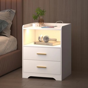 1 Piece Charging Wood Night Stand Dresser Set <strong>White</strong> Drawer <strong>Bedside</strong> Quality 2 Drawers Nightstand Table With Led Lights and Outlet - Product Image 1