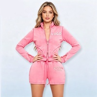Nouvelle Tendance OEM : Ensemble Deux Pièces Femme - Veste Courte Zippée à Col Montant et Short, Style Vintage Délavé à l'Acide, avec Logo Personnalisé