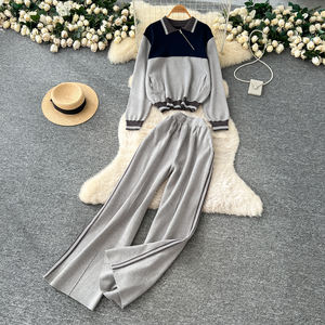 Conjunto de Dos Piezas para Mujer, Estilo Retro, Bloques de Color, Solapa, Manga Larga, Tejido de Punto, Top con Pantalones Casuales de Cintura Alta - Product Image 1