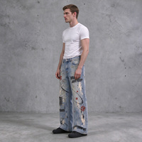 Jeans amples vintage pour hommes, effet délavé, imprimé graffiti, patchwork, denim déchiré, streetwear