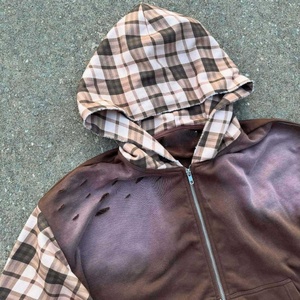 Sweat à capuche zippé en molleton de coton épais 400 g/m² avec patchwork en flanelle médiathèque, délavage vintage, style streetwear, personnalisé pour homme - Product Image 3