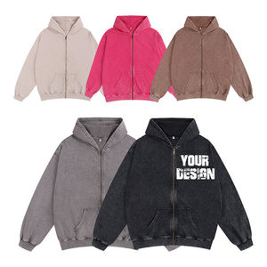 Sudadera con capucha de algodón puro, tejida, con cremallera, acolchada, lavada al ácido, desgastada, cortavientos y transpirable, con logo personalizado, de moda para invierno, al por mayor - Product Image 2
