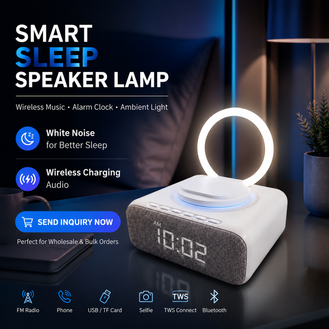 Digital Alarm Clock Blue Tooth Speaker With Wireless Charger FM Clock Radio Adjustable Portable SAD Therapy Lamp Speaker