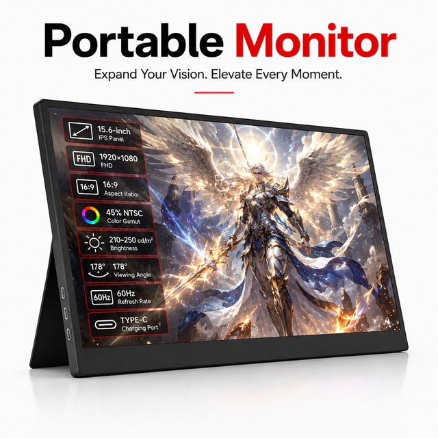 OEM 15.6 Inch Portable Monitor Multimedia Player Dual Speakers 178 Degree Full View IPS Screen Laptop Wireless Portable Monitor