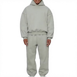 Mens <b>Light</b> Gray Hooded Sweatshirt Sweatpants Set Casual Loose Fit Full Sleeve Printed Breathable Heavyweight Cotton Tracksuit - Product Image 1