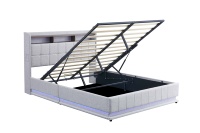 Lit Queen Size à Assemblage Facile avec Tête de Lit Étagée, Lit de Rangement Hydraulique avec Éclairage LED RGB, Tissu Gris Clair – Vente en Gros