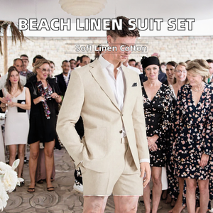 Traje de hombre de lino casual de 2 piezas para boda en la playa, con solapa de muesca, corte ajustado, transpirable, talla grande, conjunto de blazer y pantalón. - Product Image 2