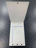 Carnet de commandes, 12 lignes, autocopiant en trois parties, 10.6x18cm, 50 ensembles, numéros continus, ligne de perforation de trous de poinçonnage