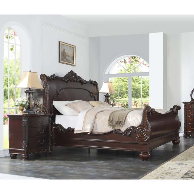 European Luxury Design Solid Wood Bed Frame Carved King Size Sleigh Bed with Customizable Color & Size