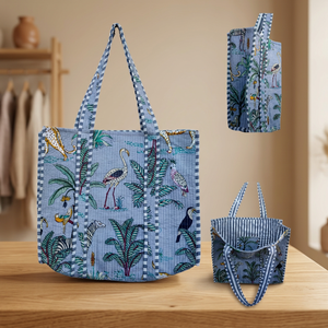 Tranquil Light Blue Jungle Theme Block Print Tote Bag-Bolsa de viaje de algodón sostenible - Product Image 2