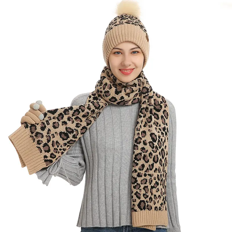 European and American autumn and winter knitted hat set Amazon new female leopard warm wool hat scarf gloves three piece set