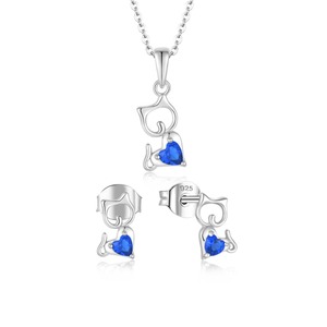 925 plata esterlina azul real <span class=keywords><strong>Zirconia</strong></span> sintética gato corazón colgante collar Stud pendientes conjunto joyería regalo para mujeres y niñas - Product Image 1