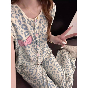 <span class=keywords><strong>Pigiama</strong></span> in stile giapponese ispirato a Instagram, dolce, con stampa leopardata e fiocco, da donna, estivo, a maniche corte e pantaloni lunghi, con motivo a cartoni animati - Product Image 3