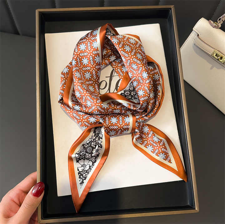 Fashion Office Lady Flower Printed Skinny Satin Silk Ribbon Scarf