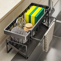 Tempat Spons Dapur dengan Pengering Otomatis, Organizer Sikat Piring dari Baja dengan Rak Kain Lap yang Dapat Dilepas, Warna Hitam