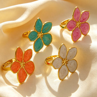 Cincin Terbuka Bunga Enamel Berlapis Emas Stainless Steel yang Dapat Disesuaikan untuk Wanita, Trendi untuk Penggunaan Sehari-hari, Gaya Vintage, Hipoalergenik