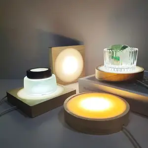 Persegi Usb dasar kayu lampu 3d bulat LED bercahaya dudukan lampu lampu malam kayu anggur Coaster isi ulang Dasar