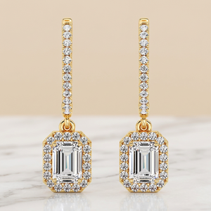 Pendientes Colgantes de Aro con Diamantes Cultivados en Laboratorio de Corte Esmeralda en Oro Amarillo de 14K de RATAN JEWELS para Mujer, Regalo Moderno y para Fiestas - Certificados - Product Image 2