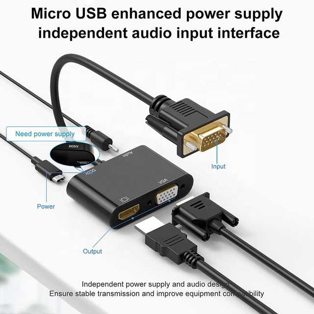 1080P Resolution 2 in 1 VGA Male to HDMI VGA Female Video Splitter Converter Adapter Cable With Audio and Micro USB Power Cable