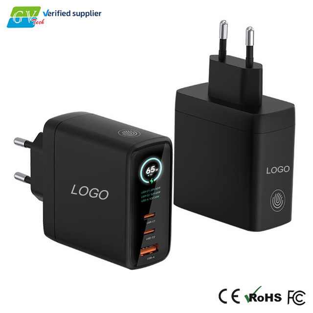 Universal 65W TFT Display GAN PD 3-Port Multi-Device Fast Charging Wall Charger with LED Light India AU EU UK US Plug Laptop