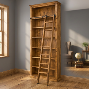 Mango Wood <b>Tall</b> Library <b>Bookcase</b> with Sliding Ladder-Mid Century Modern Living Room Storage Furniture Wholesale Handcrafted - Product Image 2