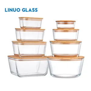 Linuo ชุดกล่องแก้วใส่อาหารกลางวัน8ชิ้นเป็นมิตรต่อสิ่งแวดล้อมกล่องเก็บอาหารชุดฝาไม้ไผ่