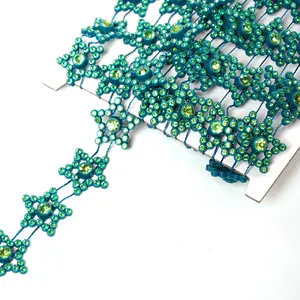 Fashionable green stars transfer sew on diamond fringe trimming roll Crystal rhinestone decorating links chain