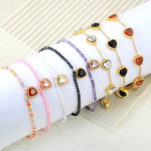 Wholesale Jewelry <b>love</b> Heart Bracelet Beaded Colorful Natural Stone Stainless Steel ZIRCON Crystal Chain Link Charm Bracelet - Product Image 1
