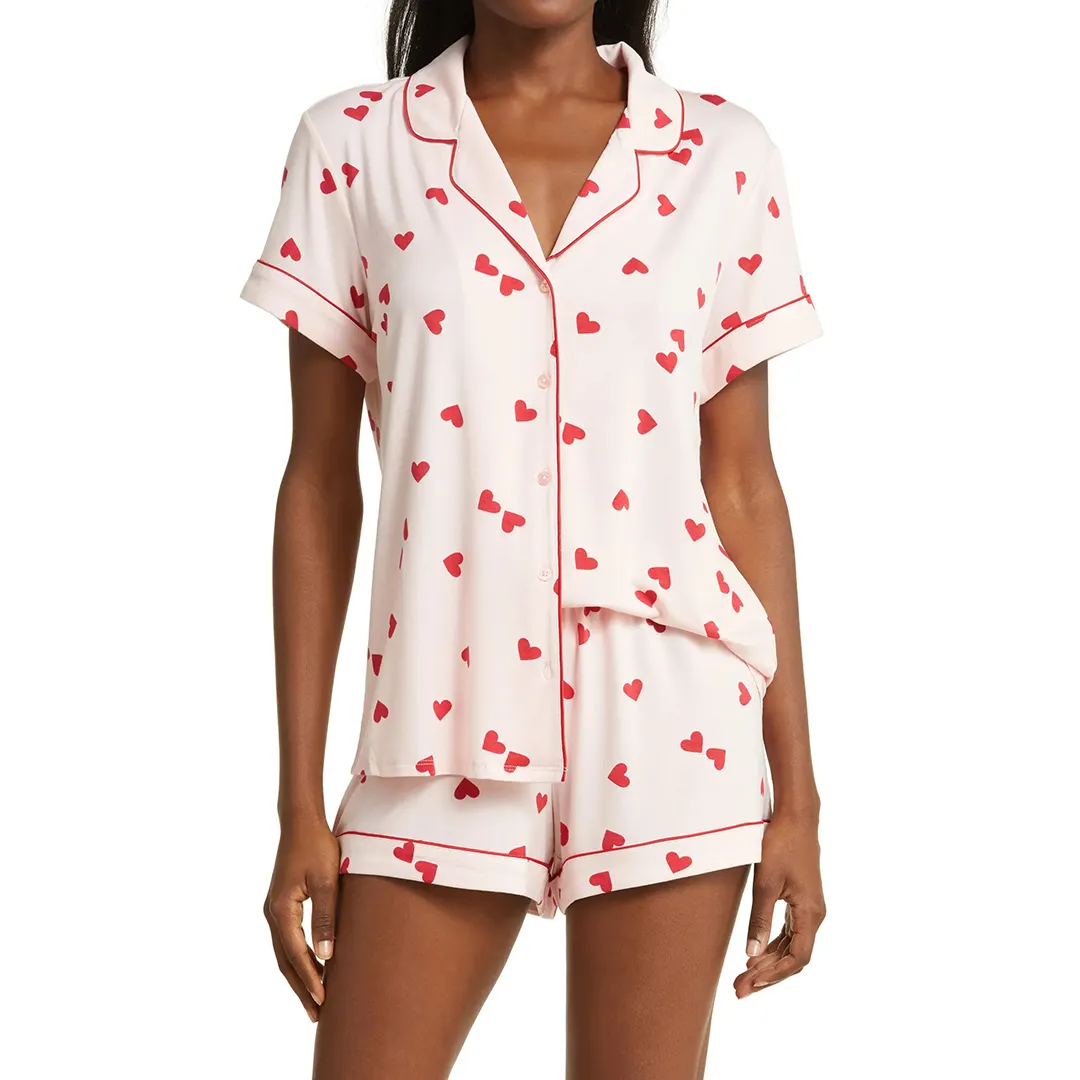 Pijama de algodón personalizado de manga corta con botones, pijama de seda, ropa de dormir, pijama corto para mujer