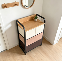 Table de chevet de style japonais moderne avec 4 tiroirs en tissu, commode de rangement, cadre métallique incurvé, table de nuit avec plateau en bois pour la maison et la chambre