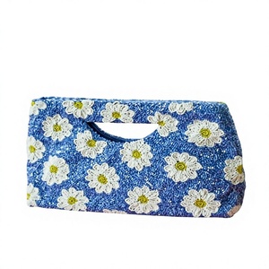 Bolso de mano azul con cuentas y margaritas para mujer, estilo vintage floral, lindo bolso de vacaciones para fiesta - Product Image 1