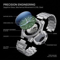 Montre mécanique automatique pour homme, cadran vert, bracelet en acier inoxydable, affichage de la date, étanche, fabricant de montres avec logo personnalisé