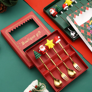 ชุดช้อนส้อมคริสต์มาสสแตนเลสสตีล ดีไซน์ซานตาคลอส กล่องของขวัญ อุปกรณ์ทานขนมหวานสำหรับวันหยุด - Product Image 1