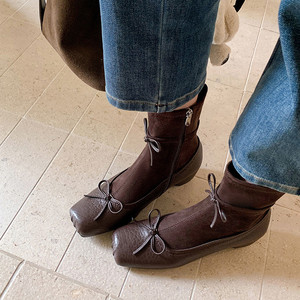 Women Vintage Style Sheepskin Ballet Inspired Bow Tied Slim Fit Boots New French Style Fall Winter Collection Pig Nose Chunky - Product Image 1