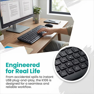 Logitech K106 Wired Keyboard, Home Use 99-key Membrane Keyboard, <b>USB</b> Interface, <b>Plug</b> and Play, Anti-spill Design, K106 - Product Image 3