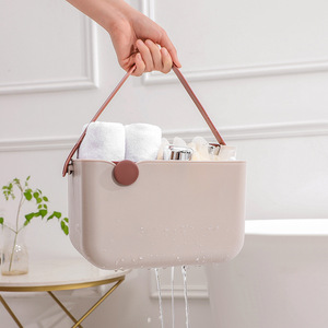 Storage Basket Rectangle With Handles Color Blocking Green And Beige PP Material For Bathroom Storage - Product Image 3