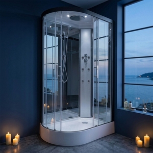 Cabine de douche offset avec base en acrylique, cadre noir mat, design droit, jets de massage corporel, pour appartement, 1100x700x2150mm, rénovation - Product Image 1