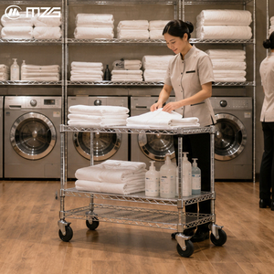 Chariot de rangement commercial MZG à 3 niveaux en fil métallique chromé à quatre roues, disponible en OEM pour hôtels, blanchisseries, linge et courses - Product Image 1