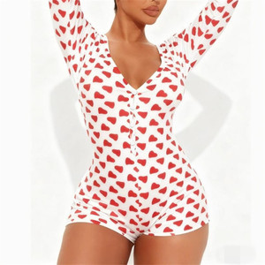 Tuta Intera Sexy da Donna con Scollo a V Profondo, Stampa a <span class=keywords><strong>Cuori</strong></span>, Maniche Lunghe e Dettaglio Posteriore, <span class=keywords><strong>Pigiama</strong></span> per San Valentino - Product Image 3