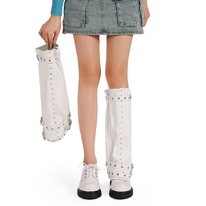 Custom Removable Upper Women Thick Sole Knee High <b>Boots</b> Lace up Square Heels Causal Denim Shoes Round Toe Rivets Decor Pumps - Product Image 4