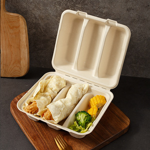 Disposable Pulp Lunch Box Rectangular 3 Compartment Biodegradable With Lid <b>Takeaway</b> <b>Container</b> - Product Image 1
