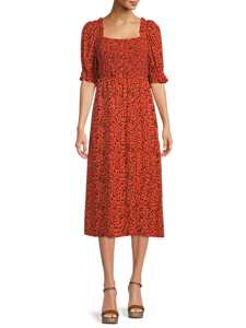 100% Ecovero Viscose Écologique Femmes Robes Encolure Carrée <span class=keywords><strong>Coude</strong></span> Longueur Manches Genou Longueur Allover Imprimer Smocké Robe Midi - Product Image 6