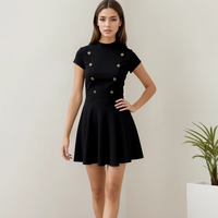 Classique dames noir Jacquard robe en tricot à manches longues a-ligne Style rétro décontracté bouton décoration pour l'hiver achats en ligne